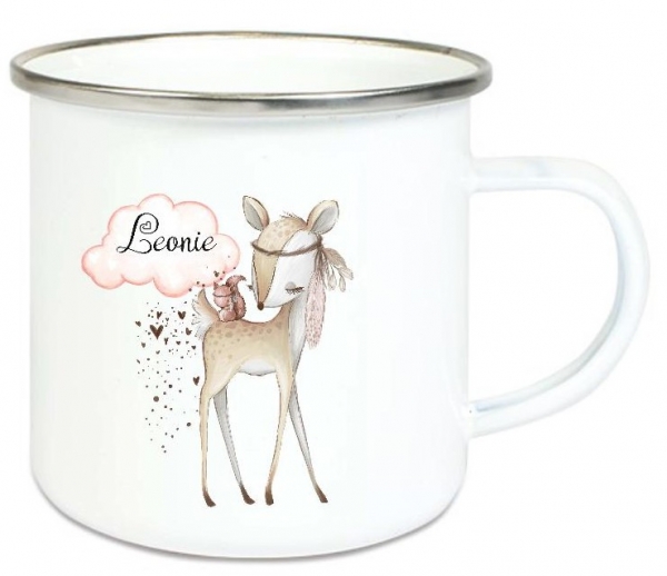 ♥ zauberhafte Becher Tasse Emailletasse Reh Rehlein Federn Indianer   Name,  Wunschname, KITA Kindergarten, Einschulung, Dankeschön, Abschied, Jubiläum, Geschenk, Becher von Lüttentüddel®